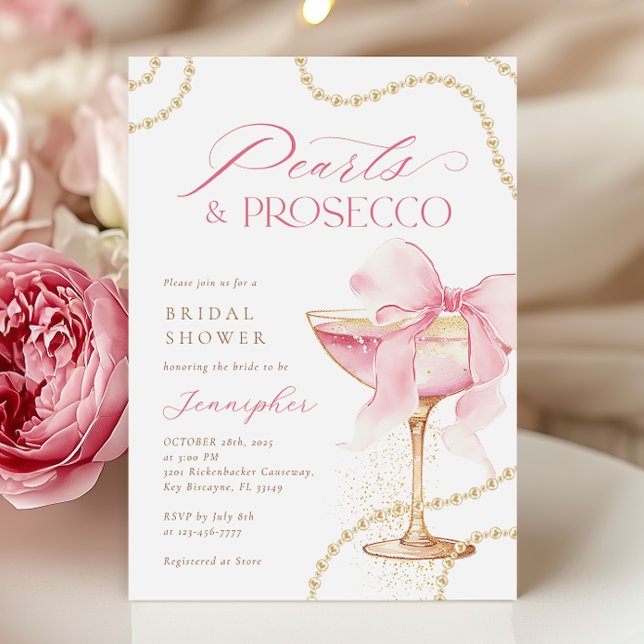 Rosa Bow Pearls and Prosecco Möhippa Inbjudningar (Skapare uppladdad)