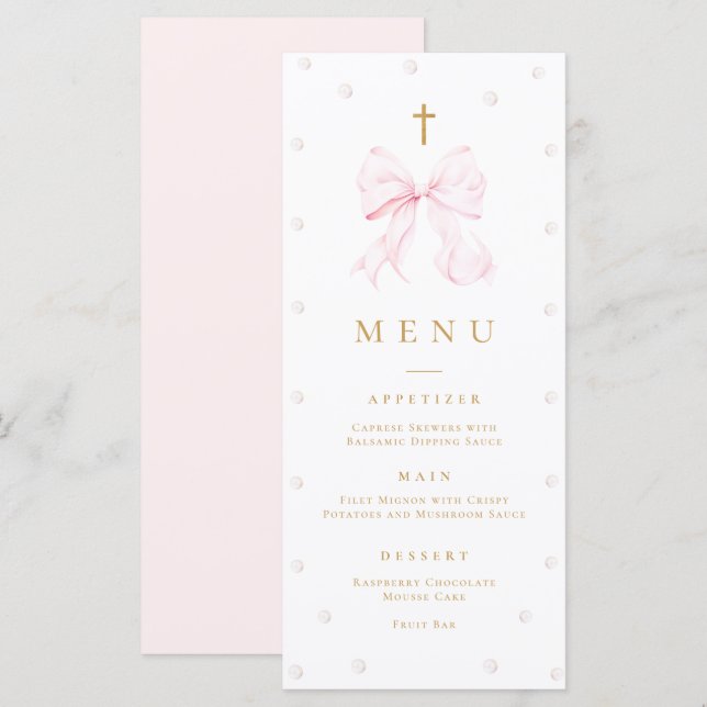 Rosa Bow Pearls Baptism, platta meny (Fram/baksida)