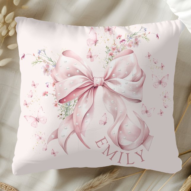 Rosa Bow Pearls Coquette Girly Kudde (Elegant Pink Bow Pearls and Floral Girly Pillow)
