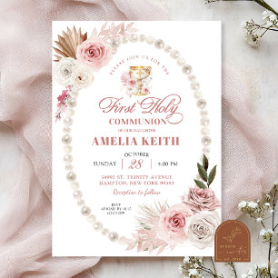 Rosa Bow Pearls First Heliga Communion Christening Inbjudningar