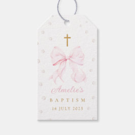 Rosa Bow Pearls Girl Baptism Presentetikett