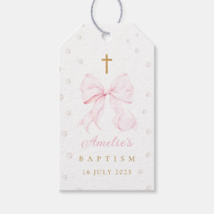 Rosa Bow Pearls Girl Baptism Presentetikett