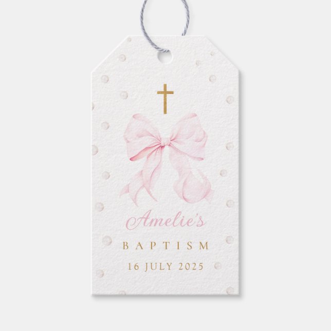 Rosa Bow Pearls Girl Baptism Presentetikett (Framsidan)