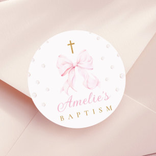 Rosa Bow Pearls Girl Baptism Runt Klistermärke