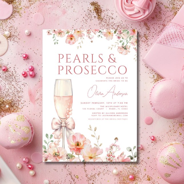 Rosa Bow Pearls & Prosecco Möhippa Inbjudningar (Skapare uppladdad)
