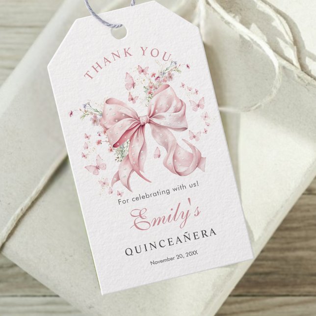 Rosa Bow Pearls Quinceañera Tack för det Presentetikett (Pink bow pearls quinceañera Thank you gift tag)