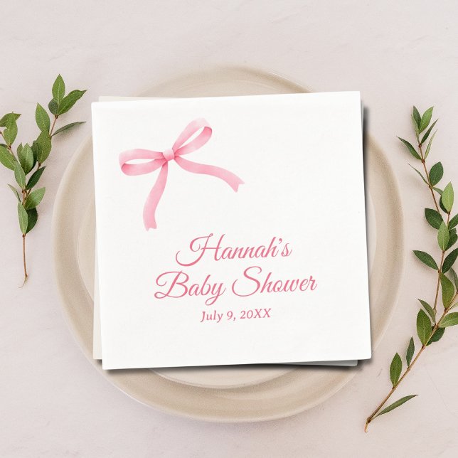 Rosa Bow Personlig Script Baby Shower Napkins Pappersservett (Pink bow personalized baby shower napkins)