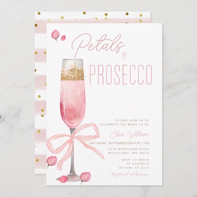 Rosa Bow Petals och Prosecco Möhippa Inbjudningar (Fram/baksida)