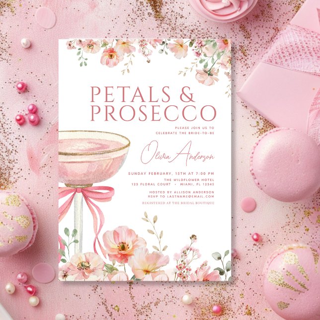 Rosa Bow Petals & Prosecco  Möhippa Inbjudningar (Skapare uppladdad)
