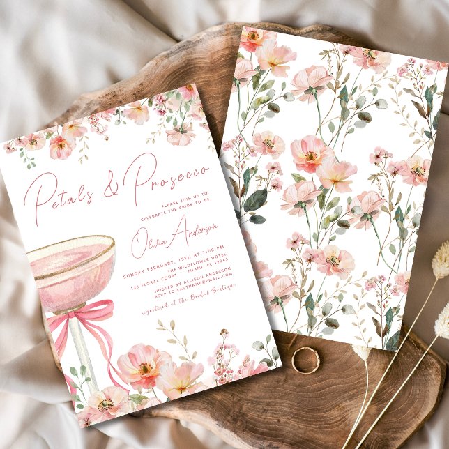 Rosa Bow Petals & Prosecco  Möhippa Inbjudningar (Skapare uppladdad)