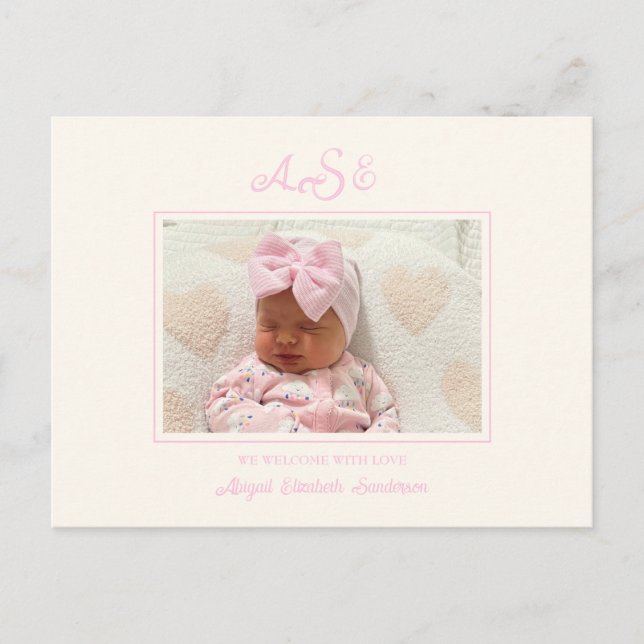 Rosa Bow Photo Beige Birth Notice Vykort (Framsida)