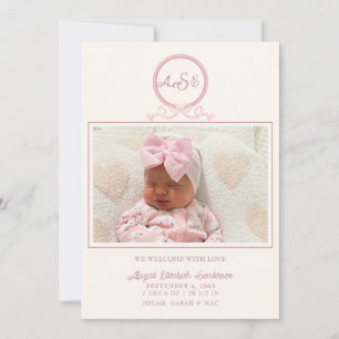 Rosa Bow Photo Birth Notice II Inbjudningar