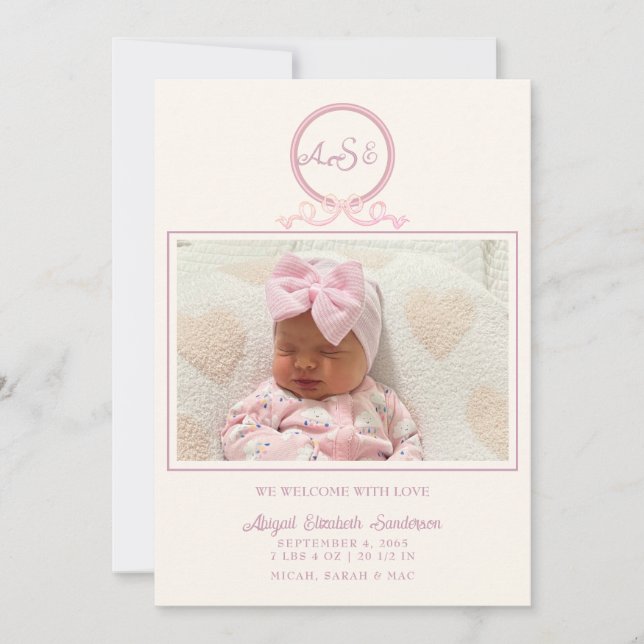 Rosa Bow Photo Birth Notice II Inbjudningar (Framsida)