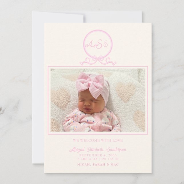 Rosa Bow Photo Birth Notice Inbjudningar (Framsida)
