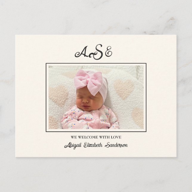 Rosa Bow Photo Cream Birth Notice Vykort (Framsida)