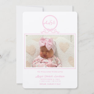 Rosa Bow Photo Ecru Birth Notice Inbjudningar