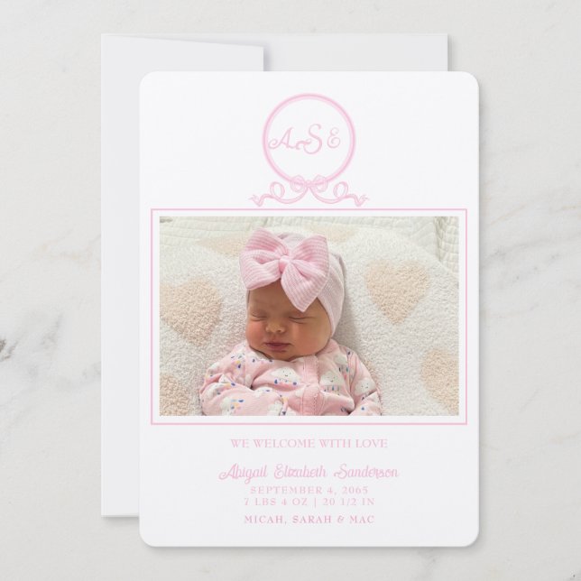 Rosa Bow Photo Ecru Birth Notice Inbjudningar (Framsida)