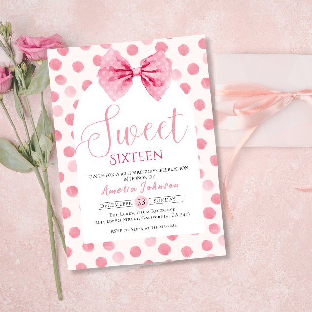  Rosa Bow polka dots Sweet sixteen Inbjudningar (Skapare uppladdad)