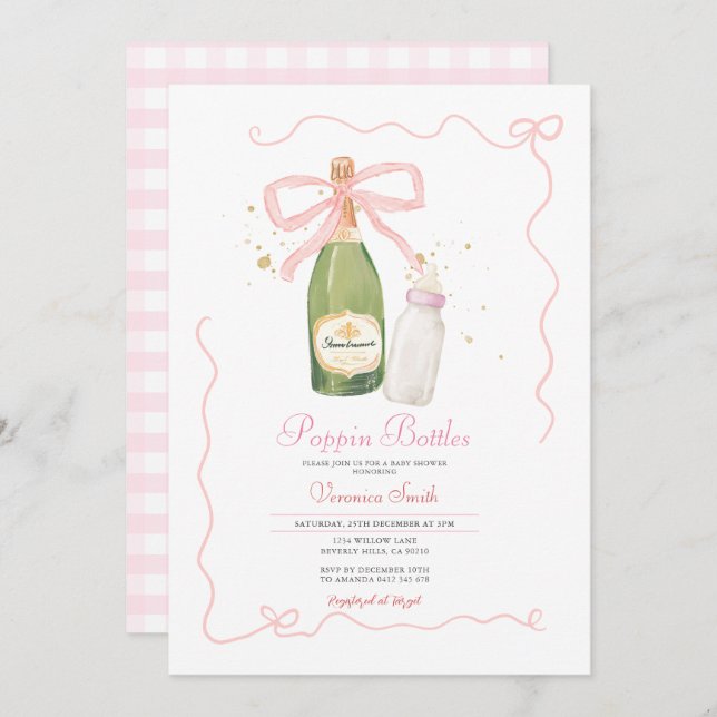 Rosa Bow Poppin Flaskor Par Baby Shower Inbjudningar (Fram/baksida)