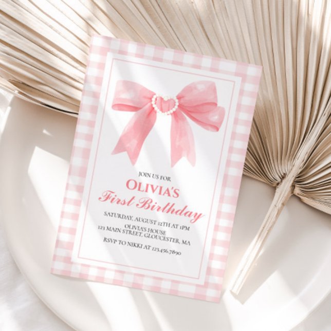Rosa Bow preppy Coquette 1:a födelsedag Inbjudningar (Skapare uppladdad)