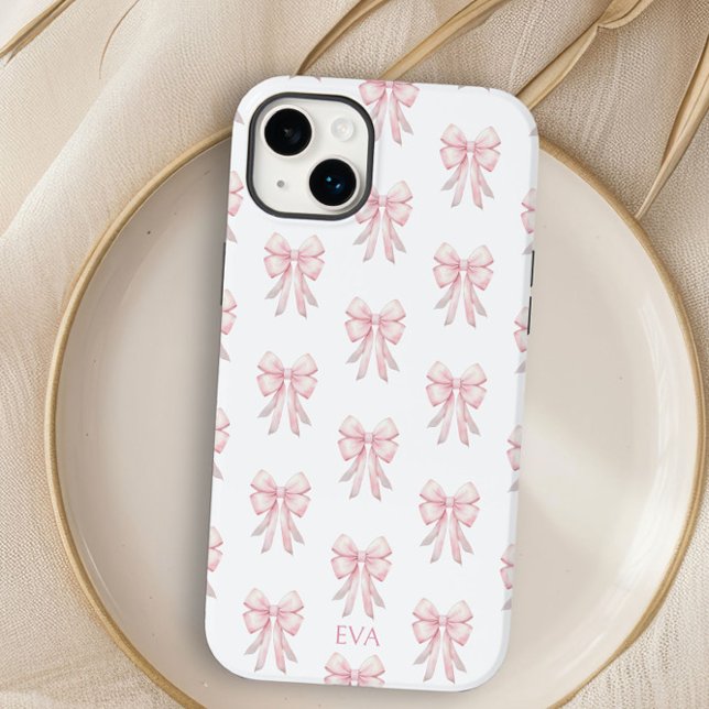 Rosa Bow Preppy Coquette Mönster Monogram Initiale (Personalized iphone case with pretty coquette style pink bows by Darling and May)