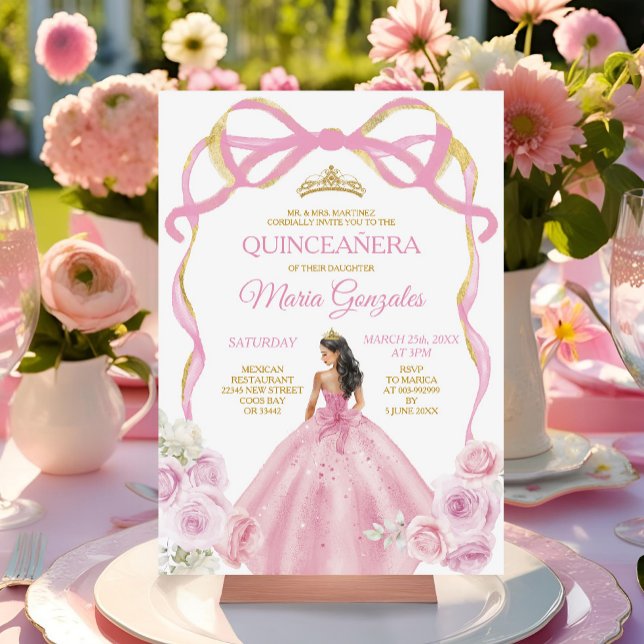  Rosa Bow Princess Guld Krona Quinceañera Inbjudningar (Skapare uppladdad)