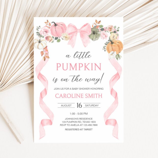 Rosa Bow Pumpkin Baby Shower Inbjudningar (Pink Bow Little Pumpkin Baby Shower Invitation)