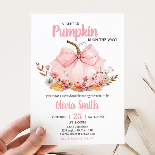 Rosa Bow Pumpkin Baby Shower Inbjudningar (Girl Bow Pumpkin Baby Shower Invitation)