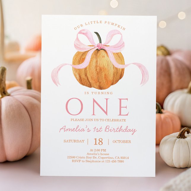 Rosa Bow Pumpkin Första födelsedagsinbjudan Inbjudningar (Skapare uppladdad)