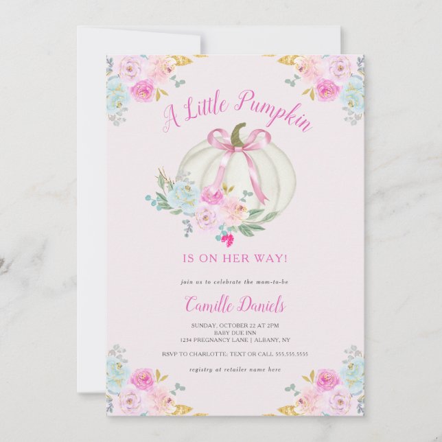Rosa Bow Pumpkin Girl Baby Shower Inbjudningar (Framsida)