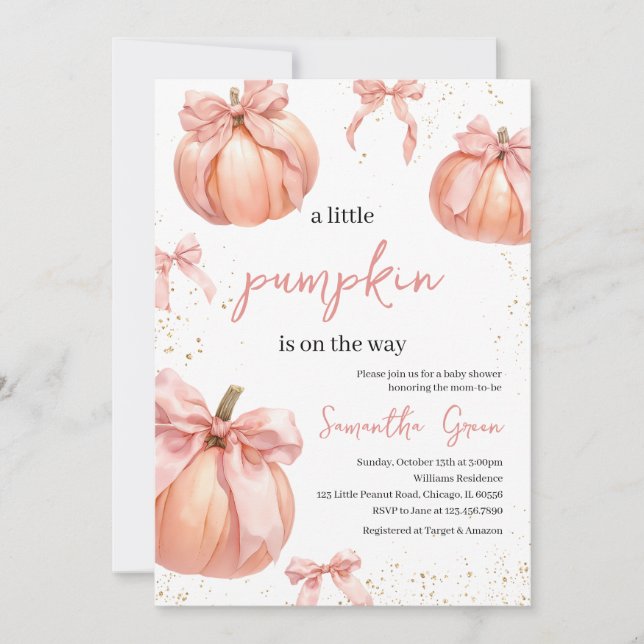 Rosa Bow Pumpkin Girl Baby Shower Inbjudningar (Framsida)