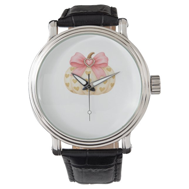 Rosa Bow Pumpkin med Golden Hearts - Coquette Fal Armbandsur (Framsida)