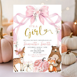 Rosa Bow Pumpkin Woodland Animals Baby Shower Inbjudningar