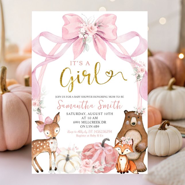 Rosa Bow Pumpkin Woodland Animals Baby Shower Inbjudningar (Skapare uppladdad)