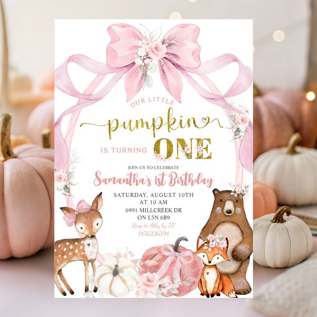 Rosa Bow Pumpkin Woodland Animals första födelseda Inbjudningar (Skapare uppladdad)