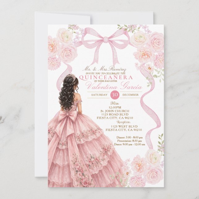 Rosa Bow Quinceañera Blommig Quince Inbjudningar (Framsida)