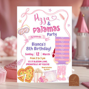 Rosa Bow Red Hair Girl Pizza och Pajamas Birthday Inbjudningar