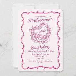 Rosa Bow Retro Heart Coquette Cake 21:a födelsedag Inbjudningar
