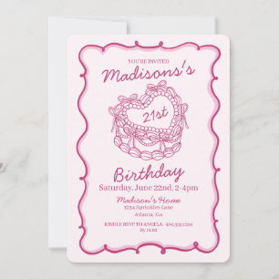 Rosa Bow Retro Heart Coquette Cake 21:a födelsedag Inbjudningar