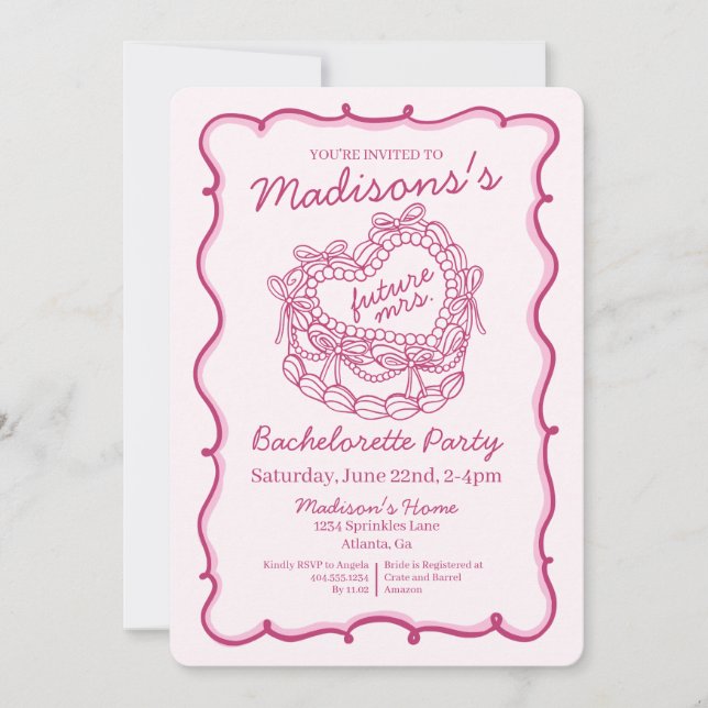 Rosa Bow Retro Heart Coquette Cake Bachelorette Inbjudningar (Framsida)