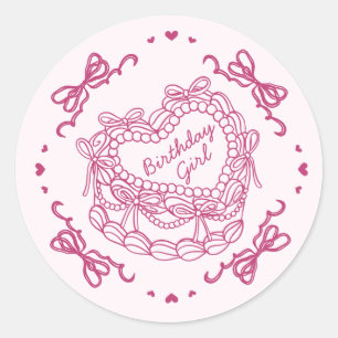 Rosa Bow Retro Heart Coquette Cake Birthday Girl Runt Klistermärke