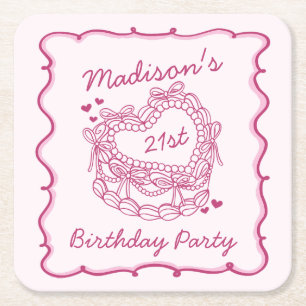 Rosa Bow Retro Heart Coquette Cake Birthday Underlägg Papper Kvadrat