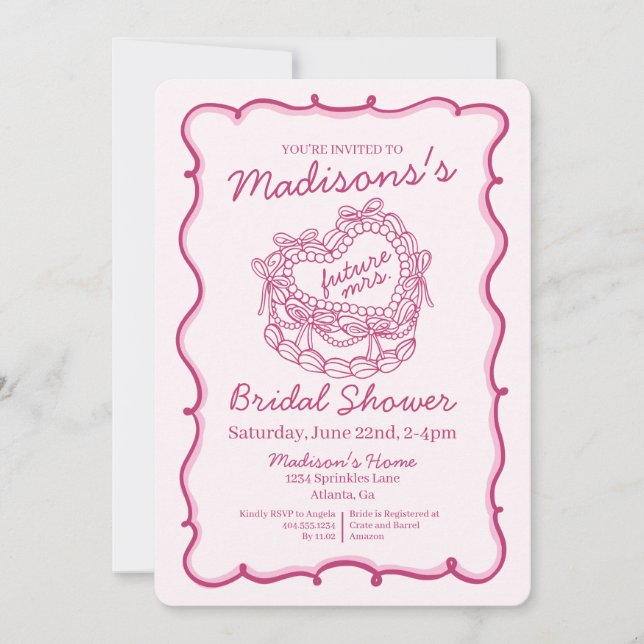 Rosa Bow Retro Heart Coquette Cake Möhippa Inbjudningar (Framsida)