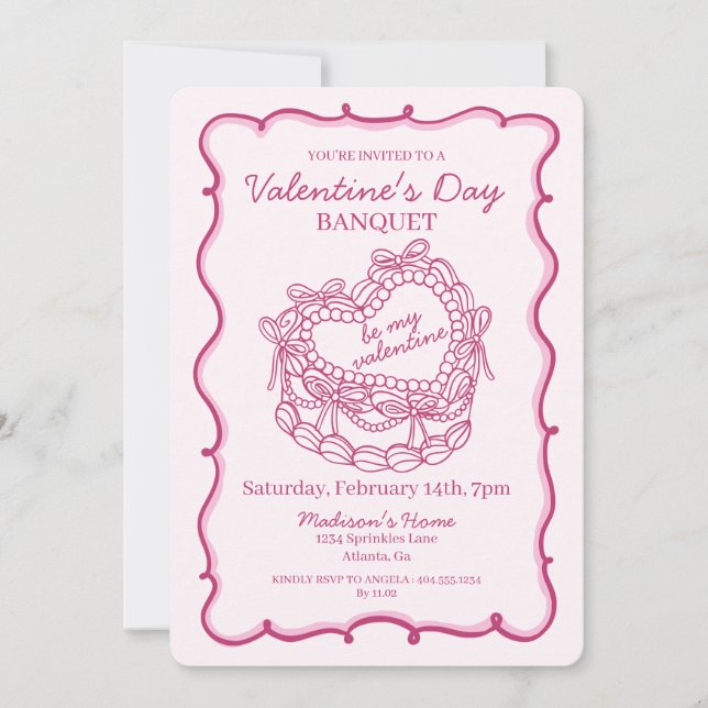 Rosa Bow Retro Heart Coquette Cake Valentine Inbjudningar (Framsida)