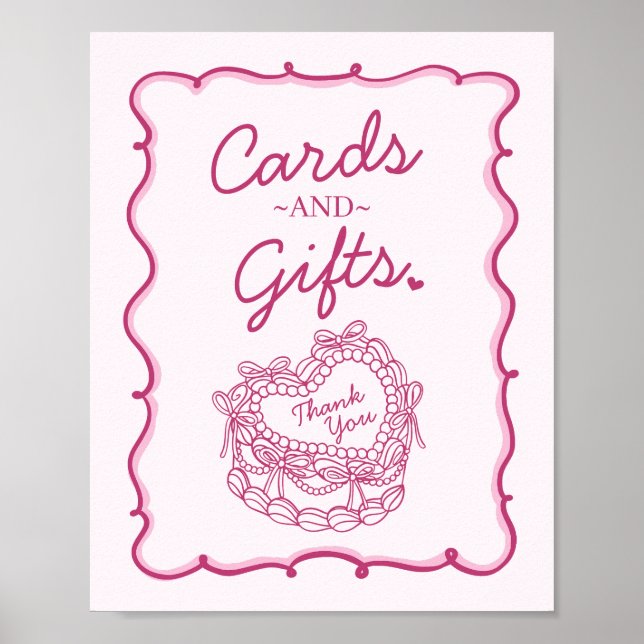 Rosa Bow Retro Heart Coquette-kort och gåvor Poster (Framsidan)