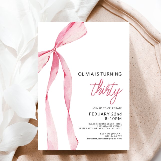 Rosa Bow Ribbon Födelsedagsfest Firande-skript Inbjudningar (Skapare uppladdad)