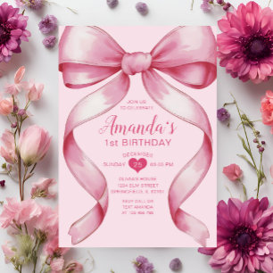 Rosa Bow Ribbon Minimalist Girl's Birthday Inbjudningar