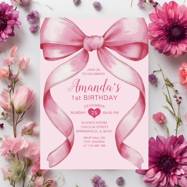 Rosa Bow Ribbon Minimalist Girl's Birthday Inbjudningar (Skapare uppladdad)