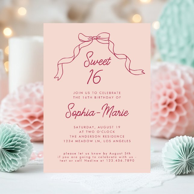 Rosa Bow Ribbon Modern Sweet 16 födelsedagar Inbjudningar (Skapare uppladdad)