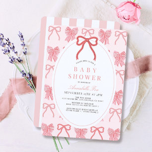 Rosa Bow Ribbon Mönster Girl Baby Shower Inbjudningar